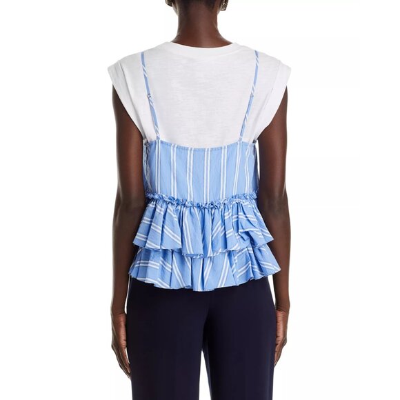Cinq A Sept Samantha Seersucker Layered Top Stripe Oxford Blue/White SZ S NEW - Picture 4 of 7
